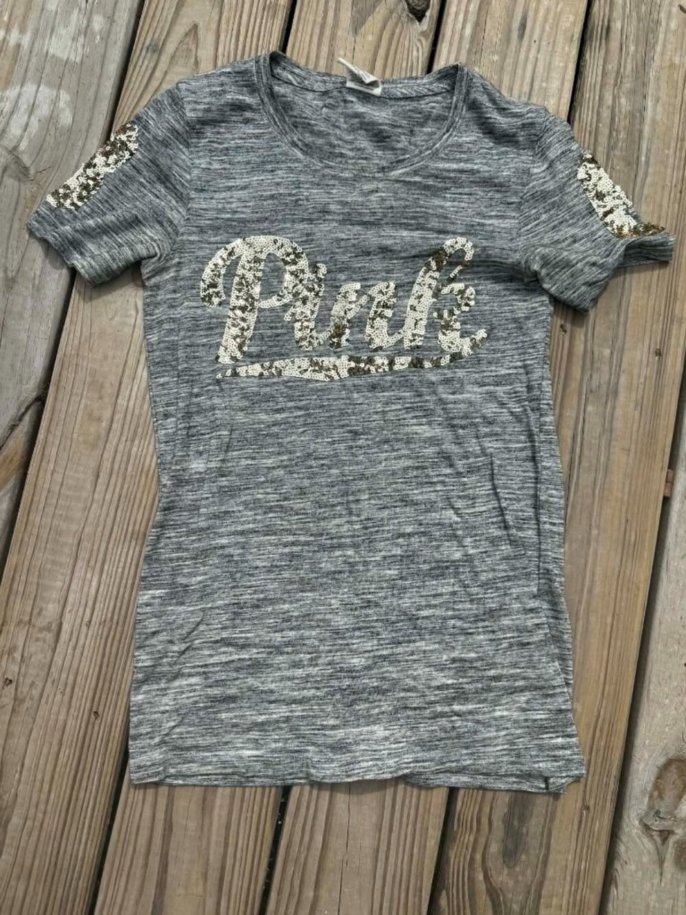 VS Pink Sequin Logo Tee S black/grey Y2K Bling Coquette Casual Sparkle Top 3299